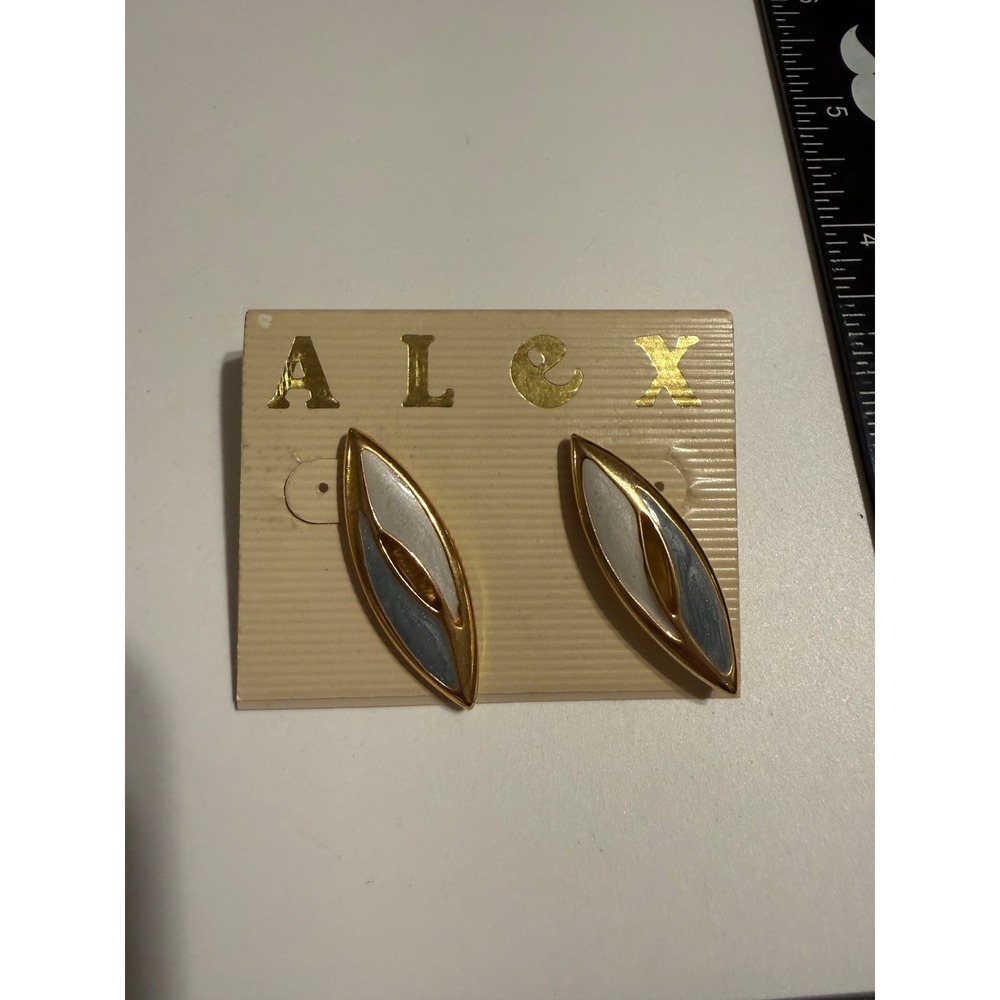 Vintage Alex Gold Tone Marquise Enamel Stud Earrings Blue Geometric Pierced